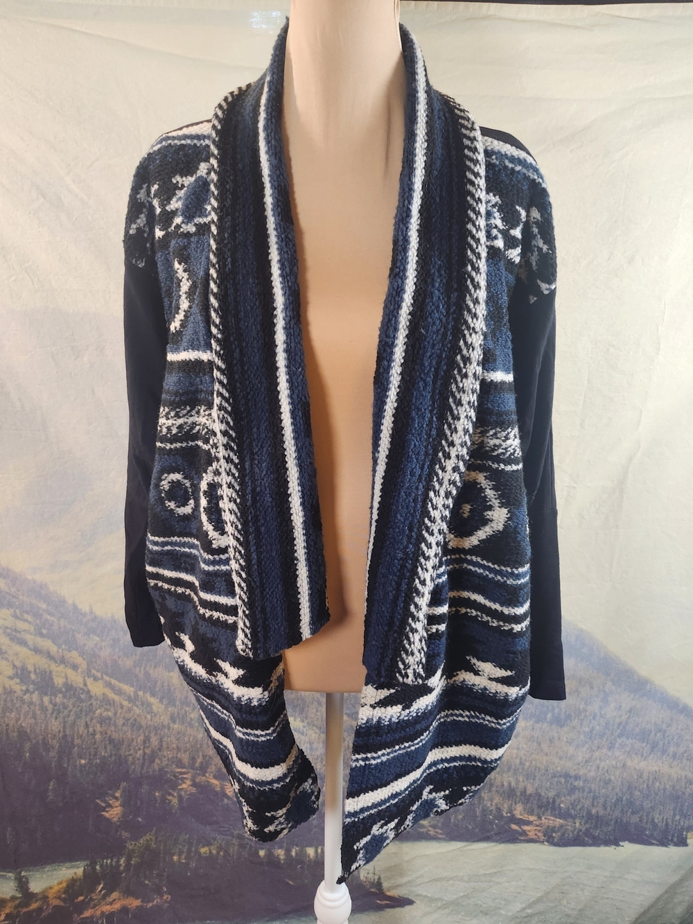 Anthropologie Dolan Woven Open Front Blanket Cardigan Blue Black White L Large